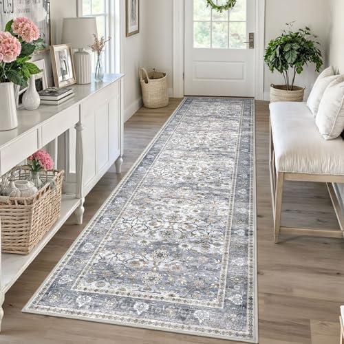 KUTA Vintage Washable Runner Rug, 2.6x10 Grey Blue Runners for Hallways Non-Slip Kitchen Rugs Ultra Thin Soft Printed Distressed Oriental Floral Floor Carpet for Laundry Bedroom Living Room Nursery