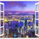 Self-Adhesive Wall Sticker Romantic Living Room Bedroom Study Office Decorative Wall Sticker Ocean Scenery Fake Window Sticker Mural (36"48", City Night)