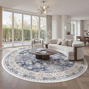 zesthome 9ft Round Rugs for Living Room, Non-Slip Washable Round Area Rugs, Ultra-Thin Large Circle Rugs, Soft Low Pile Rug for Bedroom, Kitchen - Vintage Stain Resistant Round Rug (Blue/Beige,9'x9')