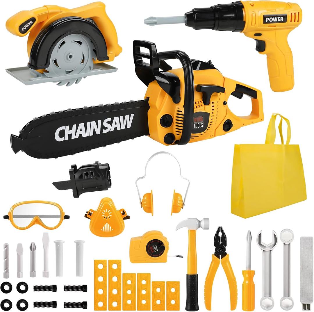 Mathea Kids Tool Set, 37 Piece Toddler Tool Set with Electronic Toy Drill and Chainsaw, Construction Tools Kits with Storage Bag, Christmas Birthday Gifts for Kids Ages 3,4,5,6,7,8