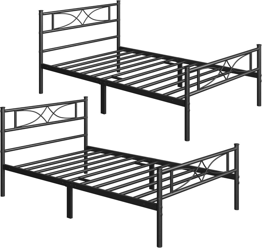 Yaheetech 2PCS Simple Metal Bed Frame with Curved Design Headboard and Footboard, 13 Inches Underbed Storage, 12 Built-in Steel Slats, No Box Spring Needed Black