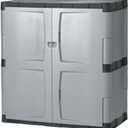 Rubbermaid Freestanding Storage Cabinet with Doors 18"D x 36"W x 37"H Medium Gray/Black Two-Shelf Lockable Cabinet for Indoor/Outdoor/Garage Storage for Garden Tools/Lawn Care Accessories