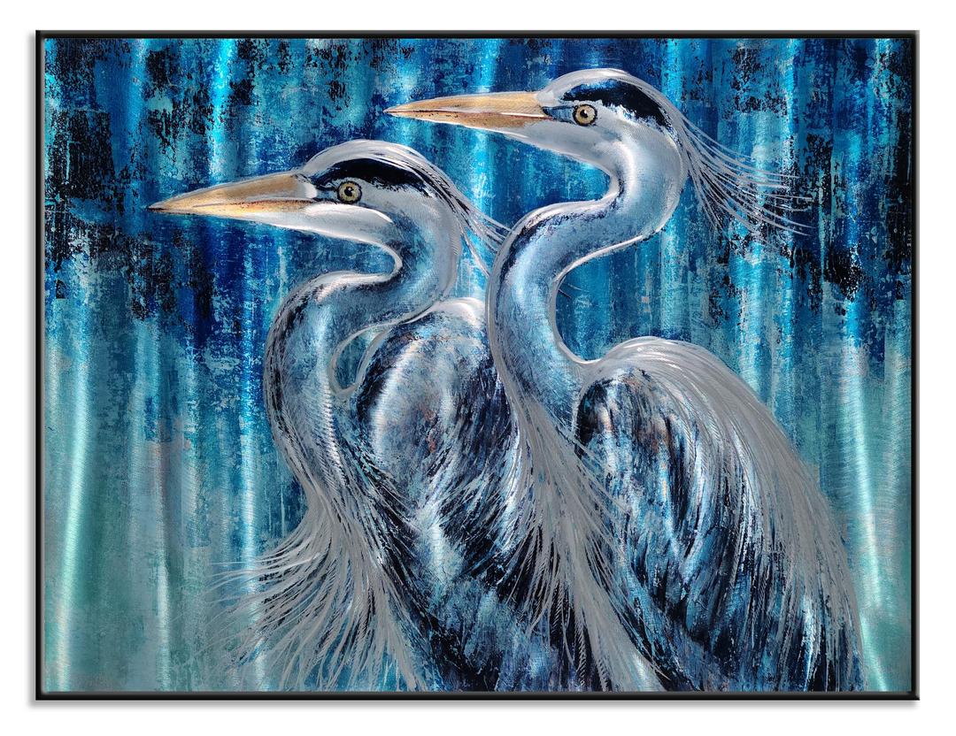 Yihui Arts Blue Heron Metal Wall Art - Exquisite Hand Crafted 3D Aluminum Artwork 24"L x 16"W