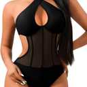 One Piece Swimsuit, Sexy Cut Out Monokini, Pool Party, Push Up Bathing Suit Glow Rave Outfits Cheeky Sunkini Mesh, Black, Large
