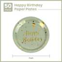 50 Pack Sage Green and Gold Happy Birthday Paper Plates, 7 inch Metallic Foil Polka Dots Disposable Dessert Party Supplies Plates for Graduation St Patricks Wedding Holiday Christma Party Decorations