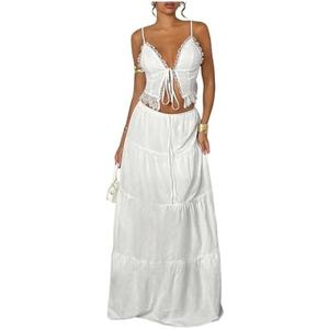 Floerns Women's 2 Piece Outfit Lace Trim Tie Front Camisole Top Tiered Maxi Skirts Set S