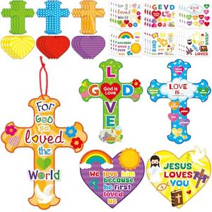 ceiba tree 24 Sets Religious Sunday School Crafts He is Risen DIY Christian Bible Jesus Scene Stickers Make Your Own Cross Hanging Ornaments Decorations for VBS John3:16 Party Activities