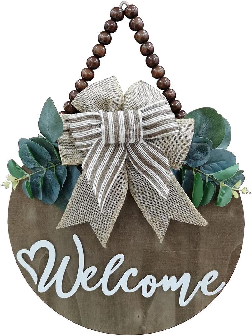 3D Welcome Sign for Front Door |Home/Farmhouse Porch Dcor Wooden Hanging Sign with Artificial Leaves and Rustic Beads | Christmas Classroom |12" Round (Oak_Brown)