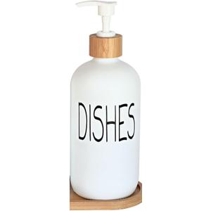Glass Soap Dispenser Set -  Dish Soap Dispenser with Bamboo Tray. Vintage Soap Dispenser with Pump for Kitchen Sink and Bathroom. Stylish Permanent Labels (Matte White) 1Pcs