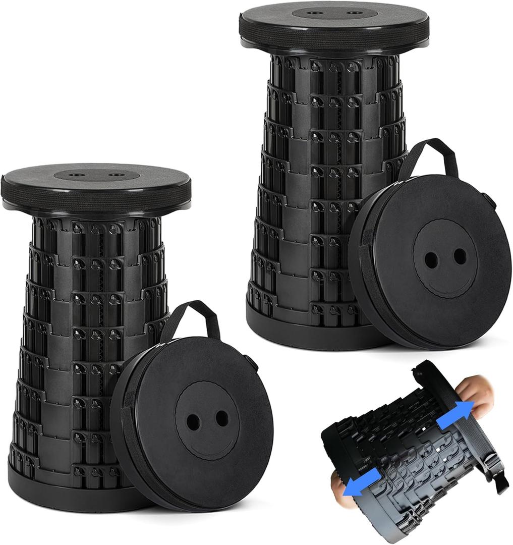 Upgraded Collapsible Stool 2-Pack, 620lbs Max Weight, Lightweight Yet Sturdy, Portable Retractable Foldable Telescoping Camping Stool for Adults Outdoor Fishing Hiking Travel BBQ (Black/Black)