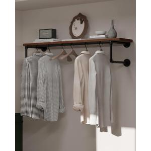 Clothes Rack 42in, Wall Mounted Garment Racks with Real Brown Wood Shelf, Heavy Duty Hanging Clothes Rack, Multi-Purpose Hanging Rod, Space-Saving Closet Storage