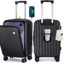 BISON DENIM 20 Inch Carry On Luggage, PC Lightweight Hardside Expandable Carry-On Luggage Airline Approved With Spinner Wheels, Front Compartment, Cup Holde, TSA-approved Lock, USB Port, Black