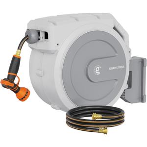 Giraffe Tools Heavy Duty Retractable Garden Hose Reel 1/2 130 FT, Wall Mounted with 9 Pattern Nozzle & Detachable Leader Hose, 180 Swivel Bracket, Any Length Lock, Commercial Grade (Light Grey)