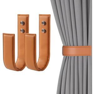 OCIOLI 2 Pack Modern Curtain Holdbacks U Shaped Curtain Tiebacks PU Leather Drapery Holdbacks Curtain Pull Backs Curtain Wall Hooks Curtain Holders for Drapes (2, Coffee)