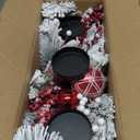 Christmas Candle Holder Centerpiece with Red Ornaments & Berries, Frosted Pine Branches with Candle Tray, Winter Holiday Table Decoration for Dining Room or Mantel Display