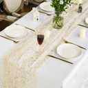 Artoid Mode 3Pcs Beige Gold Gauze Table Runner 120 Inch 10FT, Glitter Metallic Foil Sheer Dining Wedding Anniversary Holiday Birthday Table Decor for Home Party