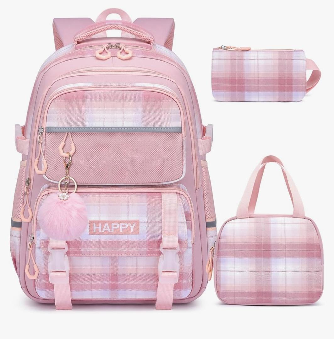 WYCY Kids Backpack for Girls Set - Book Bag with Lunch Box & Pencil Pouch, Lightweights, Pink