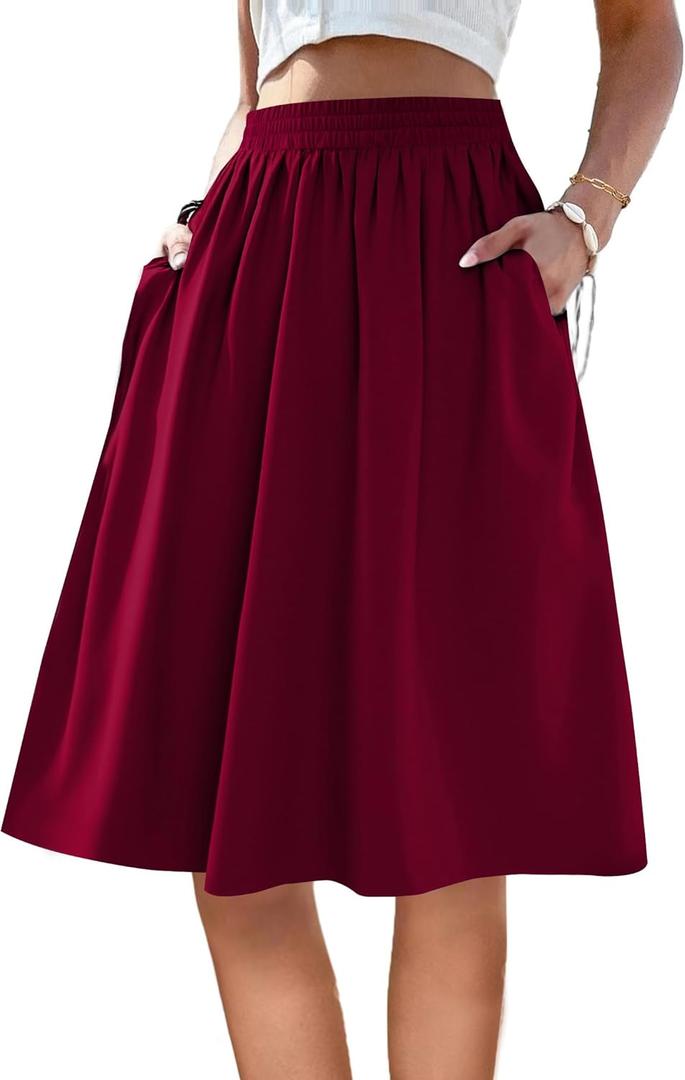 SOFIA'S CHOICE Women's Knee Length Skirt Elastic Waist A Line Flowy Midi Skirts with Pockets Wine Red Medium