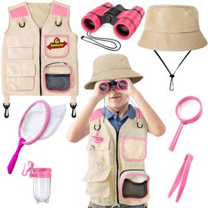 Kids Explorer Kit & Bug Catcher Kit, Kids Camping Gear for Kids, Outdoor Exploration Set with Vest & Hat, Ideal Outdoor Camping Adventure Toys for Ages 3 4 5 6 7 8 Boys Girls (Pink)