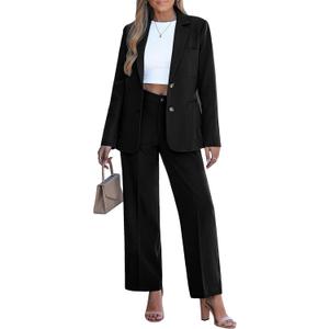 luvamia Pants Suits for Women Dressy 2 Piece Set Business Casual Outfit Professional Long Sleeve Office Work Blazer Sets (X-Large, Black)
