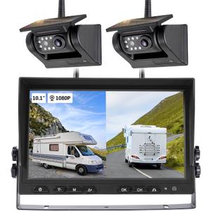10.1" - 2 Magnetic Solar Wireless Backup Camera, HD 1080P DVR Monitor, Dual RV Cameras System for Hitch Towing RV Camper Trailer, IR Night Vision, Rechargeable Battery, Type-C Charging, SR2