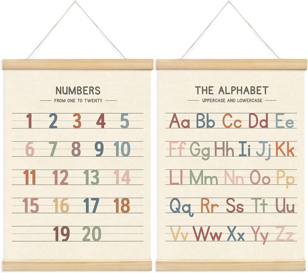 XYDEG Toddler Room Decor Alphabet Numbers Poster ABC Banner Poster Hanger Frame Set of 2,Nursery Wall Decor,Toddler Bedroom Playroom Wall Art Decor with Wooden Frames,12x16 (Morandi color)