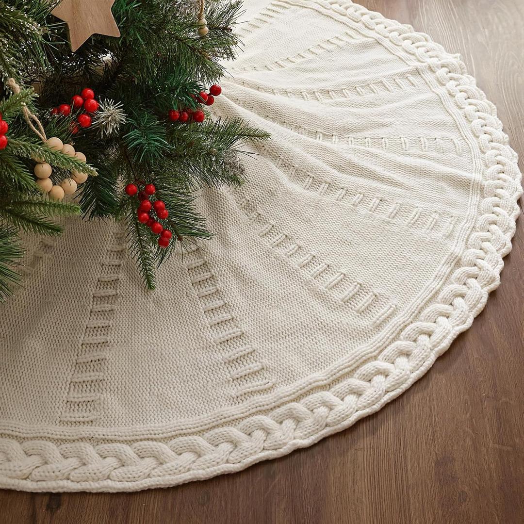 48 Inch Christmas Tree Skirt: Braided Cable Knit Tree Skirt for 7.5FT Tree, Cream White Tree Skirt, Vintage Tree Skirts, Rustic Farmhouse Christmas Decorations (Medium)