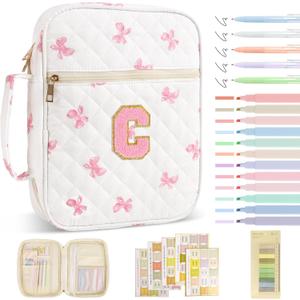 Personalized Initial Bible Cover Case for Women Girls Kid - Large Quilted Bible Case with Handle, Stylish Chenille Letter Bag Study Supplies, Perfect Christmas Gifts for Christians Women (Pink Bow-C)