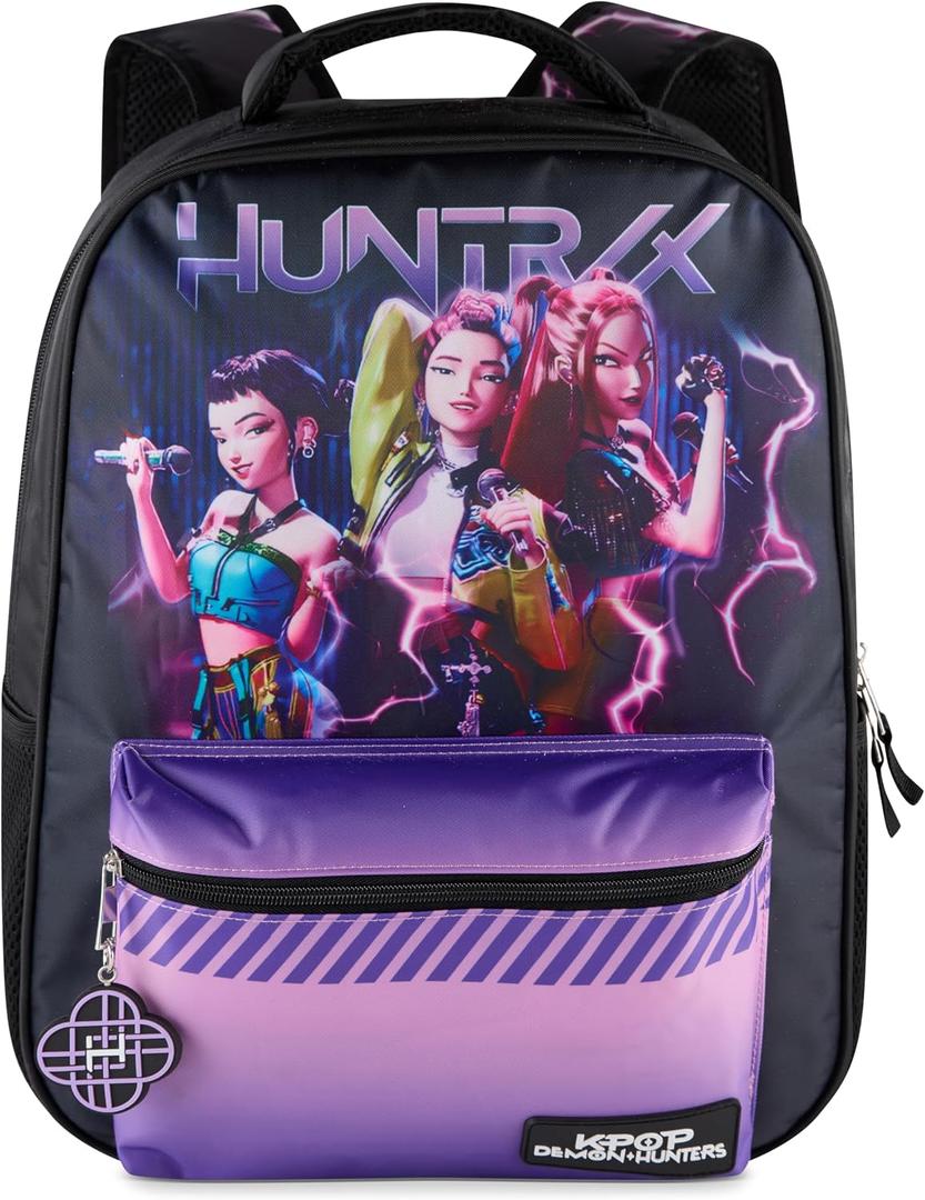 AI ACCESSORY INNOVATIONS K-Pop Demon Hunters Huntrix 16 Backpack for Girls, Featuring Rumi, Zoey, Mira, Rubber Molded Bag Charm, Huntrix