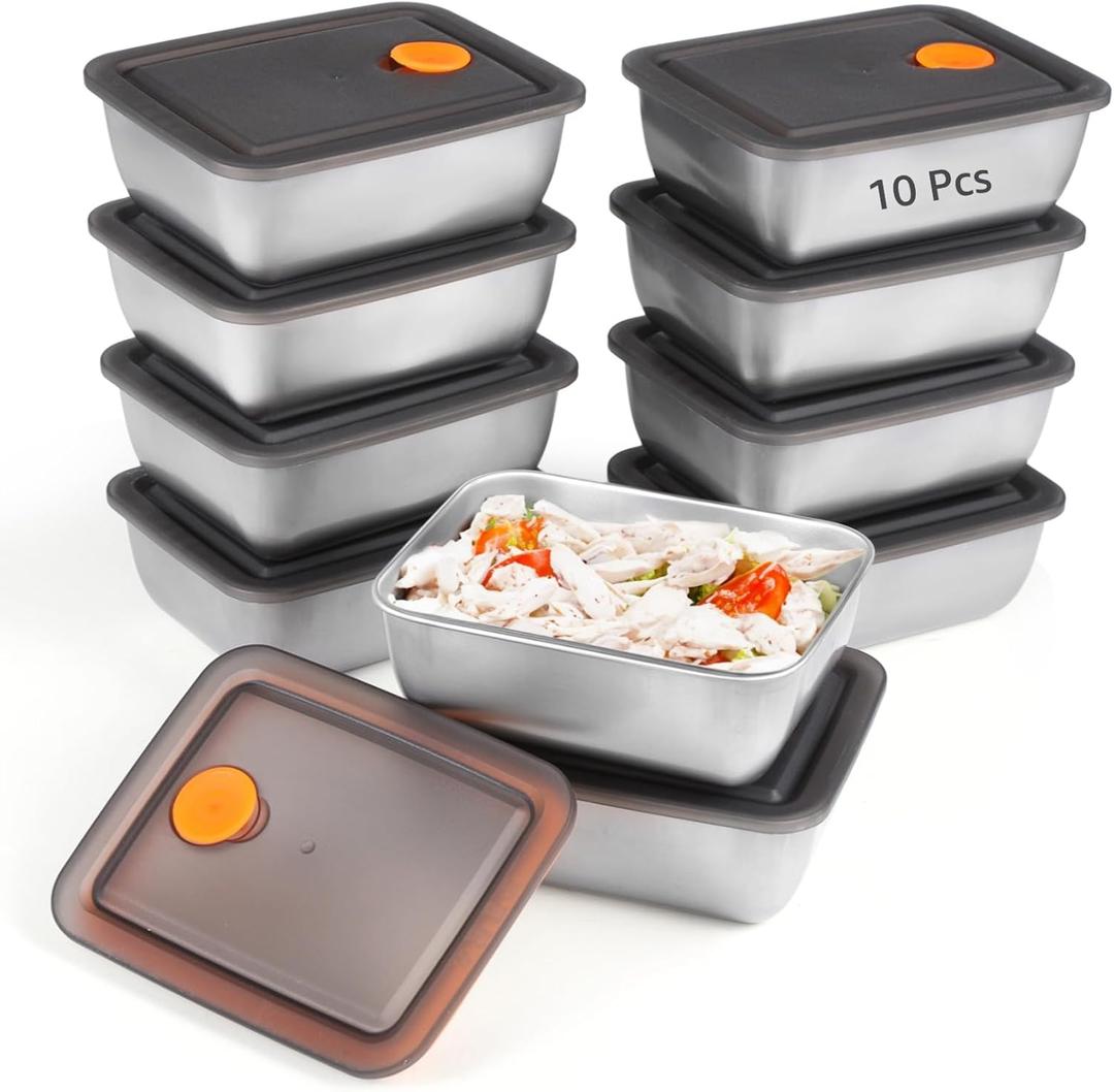 10 Pcs Food Containers with Lids, 20 oz 316 Stainless Steel Storage Containers, Leakproof Snack Storage Boxes, Lunch Bento Boxes for Leftovers, Dishwasher & Freezer Safe