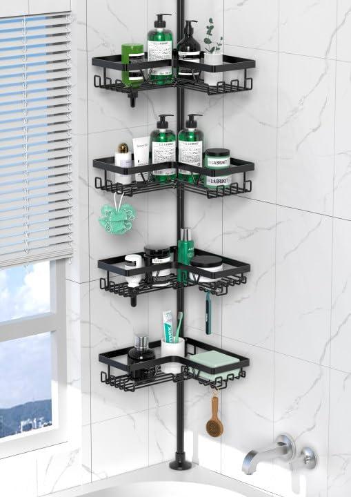 Corner Shower Caddy Tension Pole - 4 Tier Stainless Steel Rustproof Shower Corner Caddy for Bathroom Shower Organizer Shelves Adjustable Pole 25-114.2 Inch Black (Dark Black)