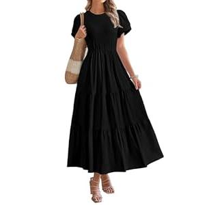 BTFBM Women Casual Summer Dresses 2025 Spring Crewneck Short Sleeve Tiered Flowy Boho Maxi Beach Vacation Dress Pockets (M, Black)