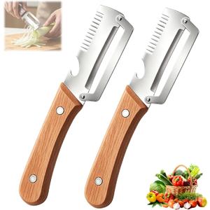 2Pcs Multifunctional Vegetable Peeler,Zero Snag Wooden Peeler,Zero Snag Wooden Kitchen Tool with Bottle Opener,3 in 1 Kitchen Gadgets Stainless Steel Peelers for Fruit Veggie