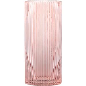 Pink Glass Vase for Flowers Ribbed Glass Vase, Pink Flower Vase, Tall Cylinder Glass Vases for Centerpieces, Living Room, Bedroom, Dining Table, Office, Wedding, Bookshelf Decoration,10 Inches