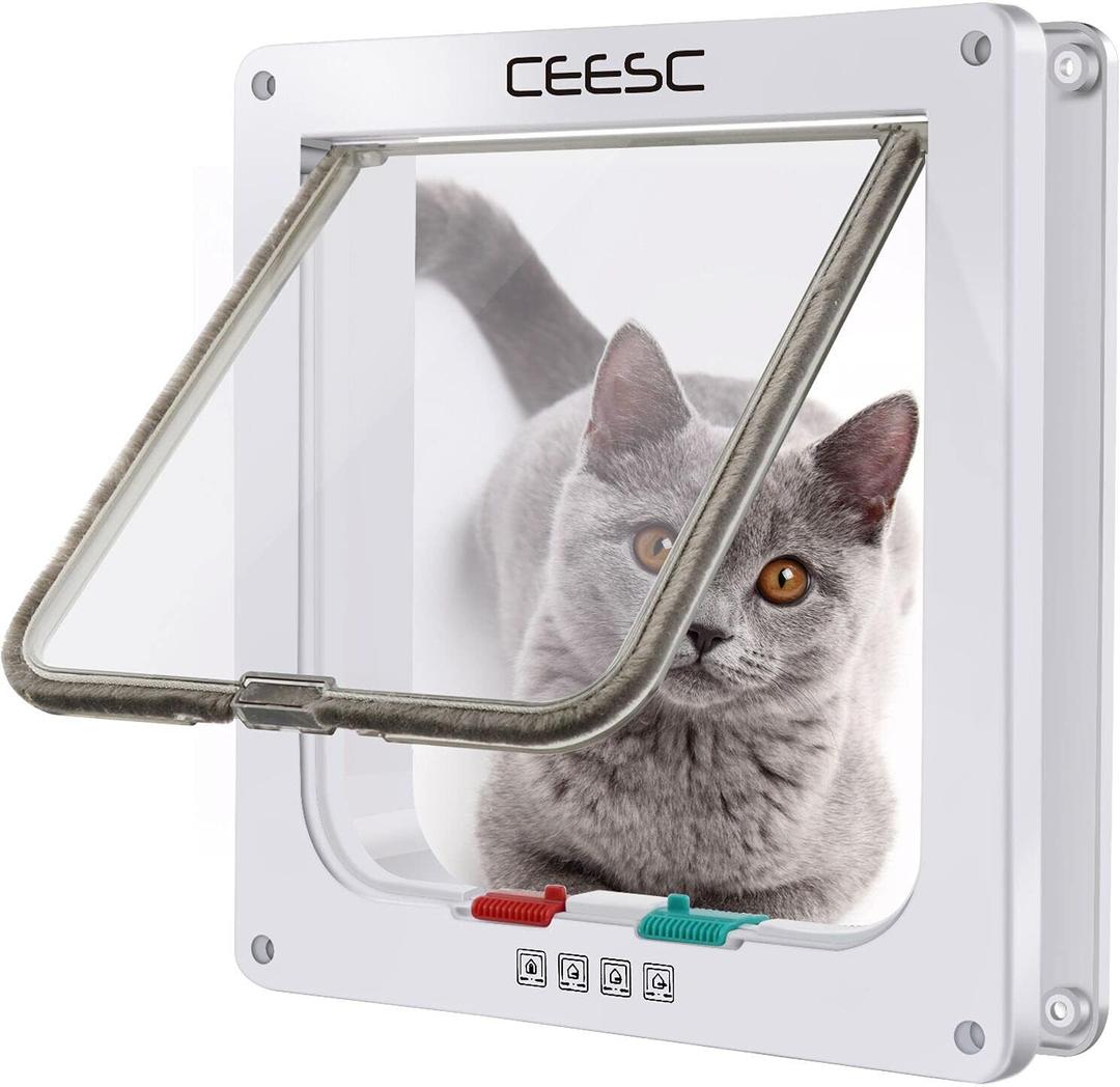 CEESC Cat Flap Door Magnetic Pet Door with 4 Way Lock for Cats, Kitties and Kittens, 2 Sizes and 2 Colors Options (L- Inner Size: 7.08"(W) x 7.48"(H), White)