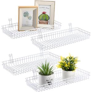 Blulu 4 Pcs 15.75 x 5.91 x 1.97 Inch Metal Grid Wall Baskets with Hooks Grid Wall Shelves Hanging Wire Basket Multi Function Storage Organizer for Kitchen Organizing Display (White)