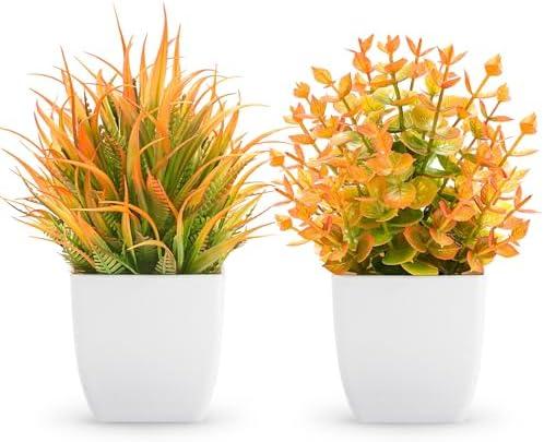 Der Rose 2 Pack Small Fall Fake Plants Mini Artificial Potted Plants Fall Table Office Decor for Home Desk Bathroom Decoration