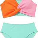 J.E Sterguard Two Piece Swimsuits Teen Bikini Color Block Girls' Swimwear Ribbed Swimsuits Size 8-16 (Pink, S)