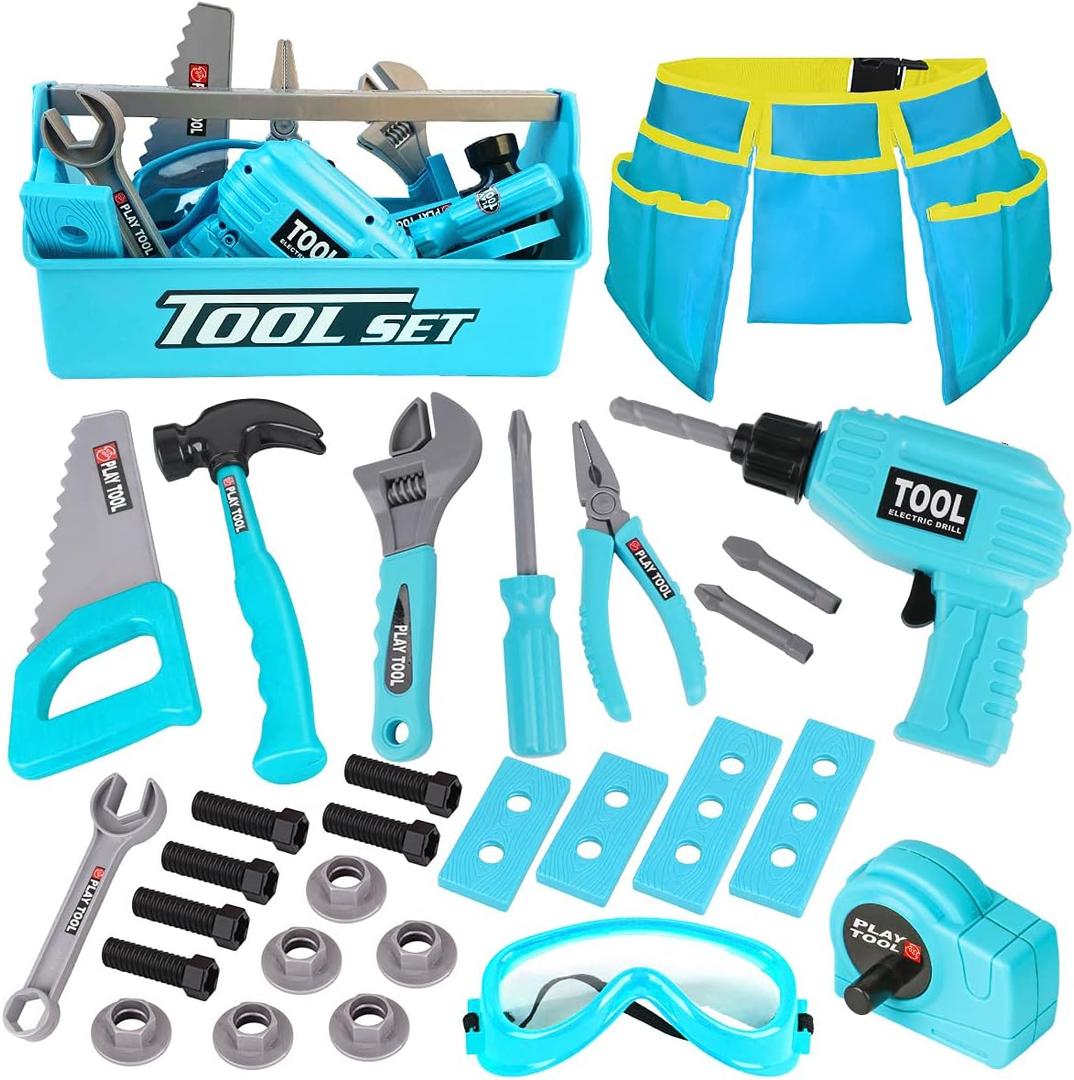 LOYO Kids Toys Tool Set - Pretend Play Construction Toy with Tool Box Kids Tool Belt Electronic Toy Drill Construction Accessories Gift for Toddlers Boys Ages 3 , 4, 5, 6, 7 Years Old (Blue)