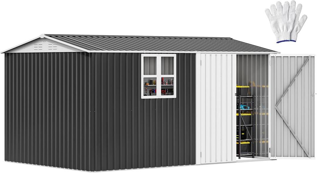 DWVO 12' x 8' Outdoor Storage Shed, Waterproof Metal Garden Shed with Windows, Lockable Doors, and Sloped Roof for Patio, Backyard, Lawn, Tool Storage, Bike Shed, Pet Shelter (Gray + White)