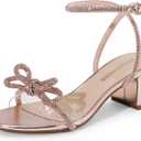 DREAM PAIRS Women's Double Bowknots Crystal Sandals Low Chunky Heels Clear Slingback Dress Shoes for Wedding Bridal Party (7, Champagne)