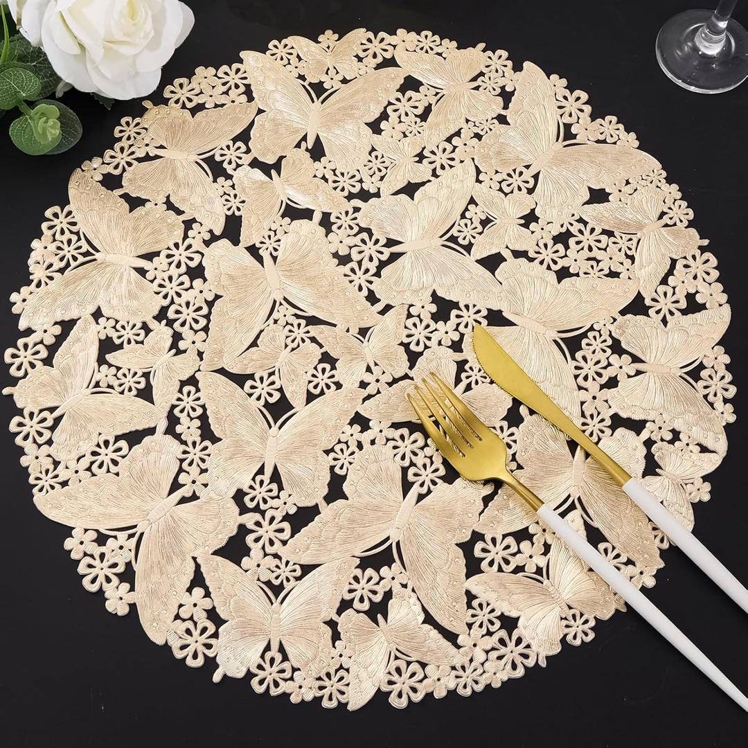 Gold Round Placemats Set of 6 Metallic Pressed Vinyl Butterflies Flower Place Mats for Dinner Table Setting Decor Holiday Wedding Accent Centerpiece Table Mats