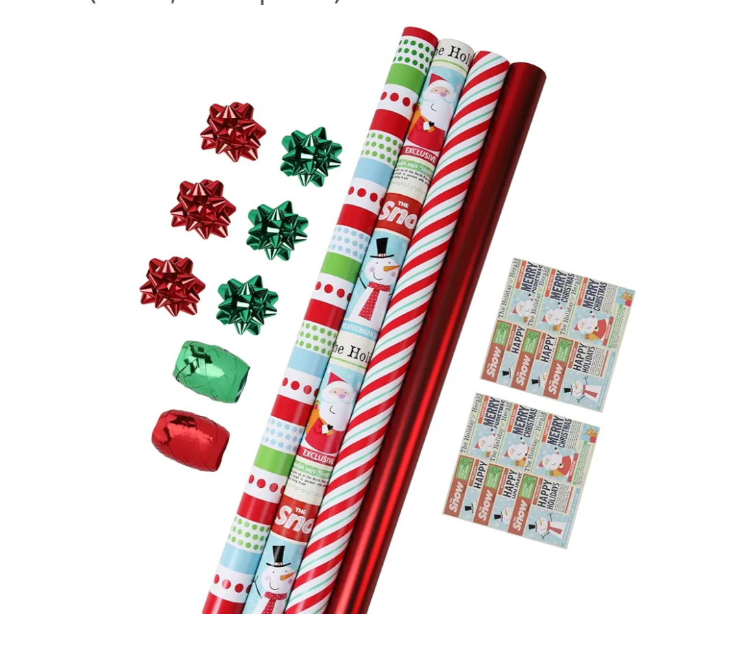 LaRibbons Christmas Wrapping Paper Roll with Cutlines, Polka Dot & Stripe Design with Gift Bow & Ribbons & Tags, Perfect for Christmas, Holiday Party, 30 Inch X 10 Feet (4Rolls, 100 sq.ft.ttl.)