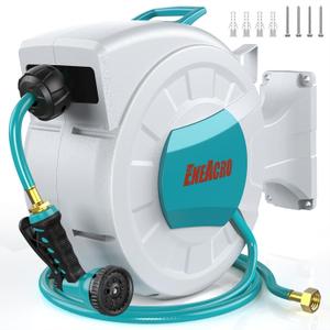 ENEACRO Retractable Garden Hose Reel with Wall Mount 1/2"100ft with 10 Pattern Hose Nozzle, Brass Connector, Auto Rewind/Any Length Lock/ 180 Swivel Bracket, Ideal for Garden Watering