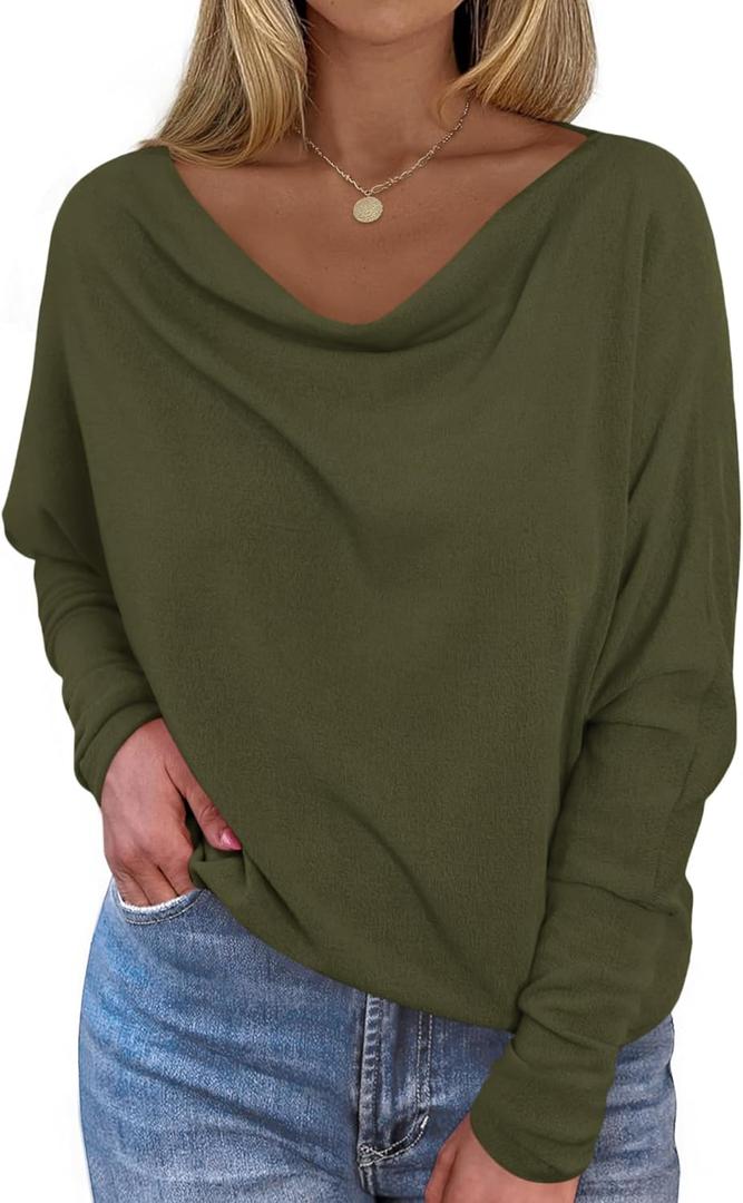 Okiwam Women's Fall Tops Cowl Neck Long Batwing Sleeve Shirts Oversized Tunic Dressy Casual Blouses 2026 Fashion Clothes (Green, XS)