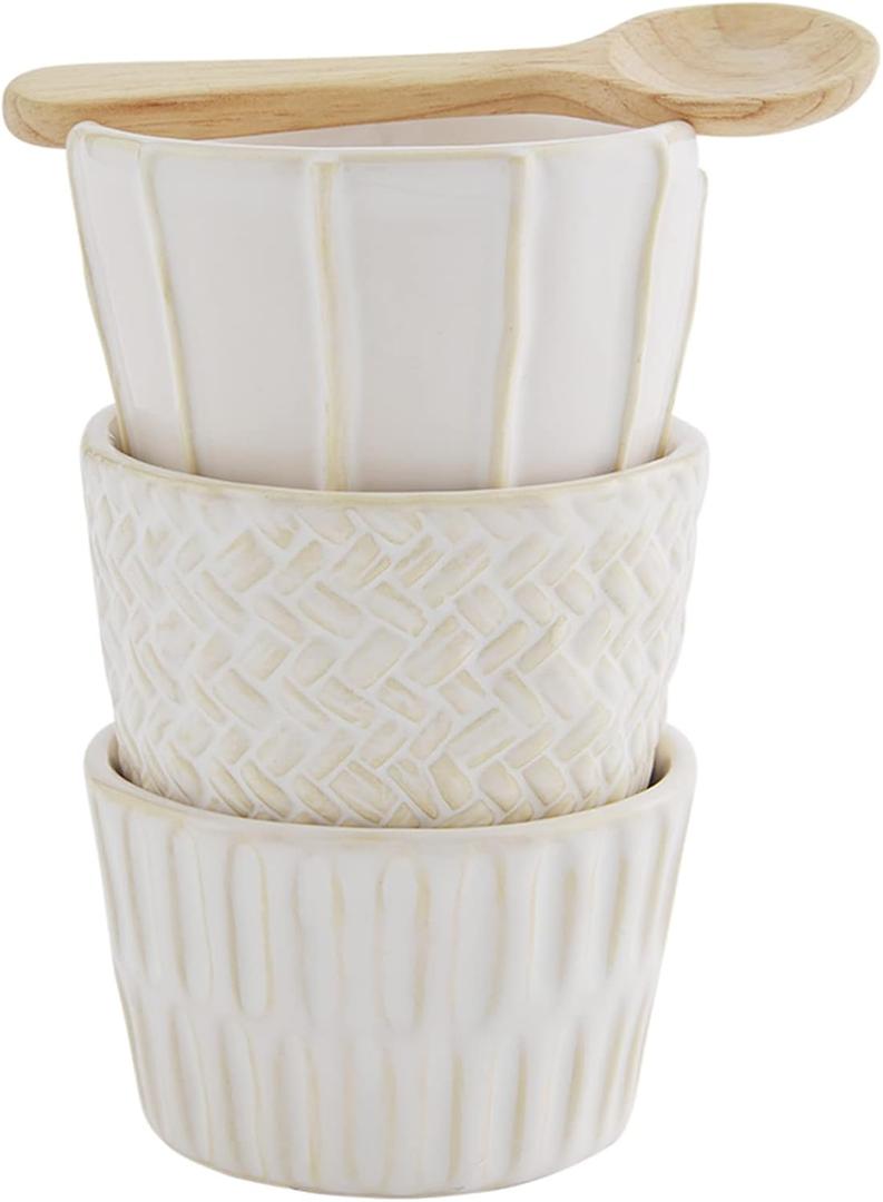 Mud Pie Stoneware Ramekin Set, Cream, ramekin 2" x 3" dia | spoon 4 1/2"