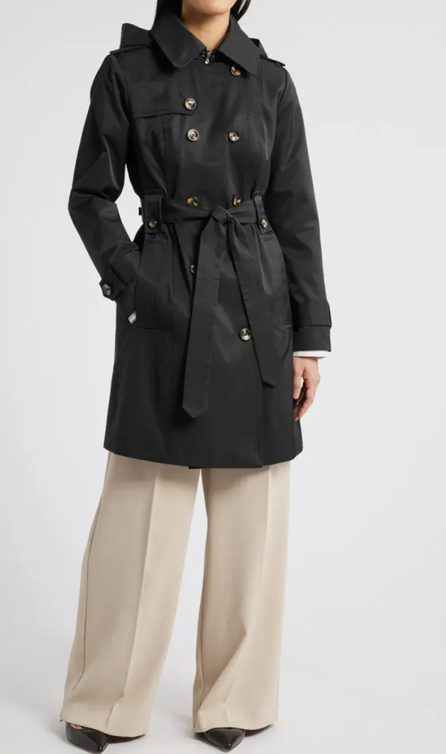 London Fog Missy Hooded Belted Trench Coat Black , Size Large
