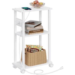 TUTOTAK Small Narrow Side Table with Charging Station, Skinny End Table for Small Spaces, Slim Nightstand with USB Ports and Outlet, Sofa Beside Table with Wheels, White TB01BW046