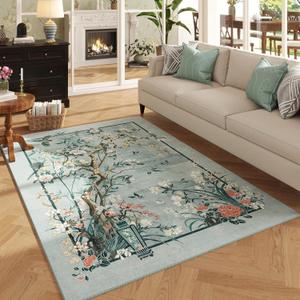 Vowkten 4x6 Rug Chinoiserie-Style Floral Vintage Washable Area Rugs Non Slip Low Pile Small Carpet for Bedroom, Bedside, Kids Room, Office, Dining Room, Blue