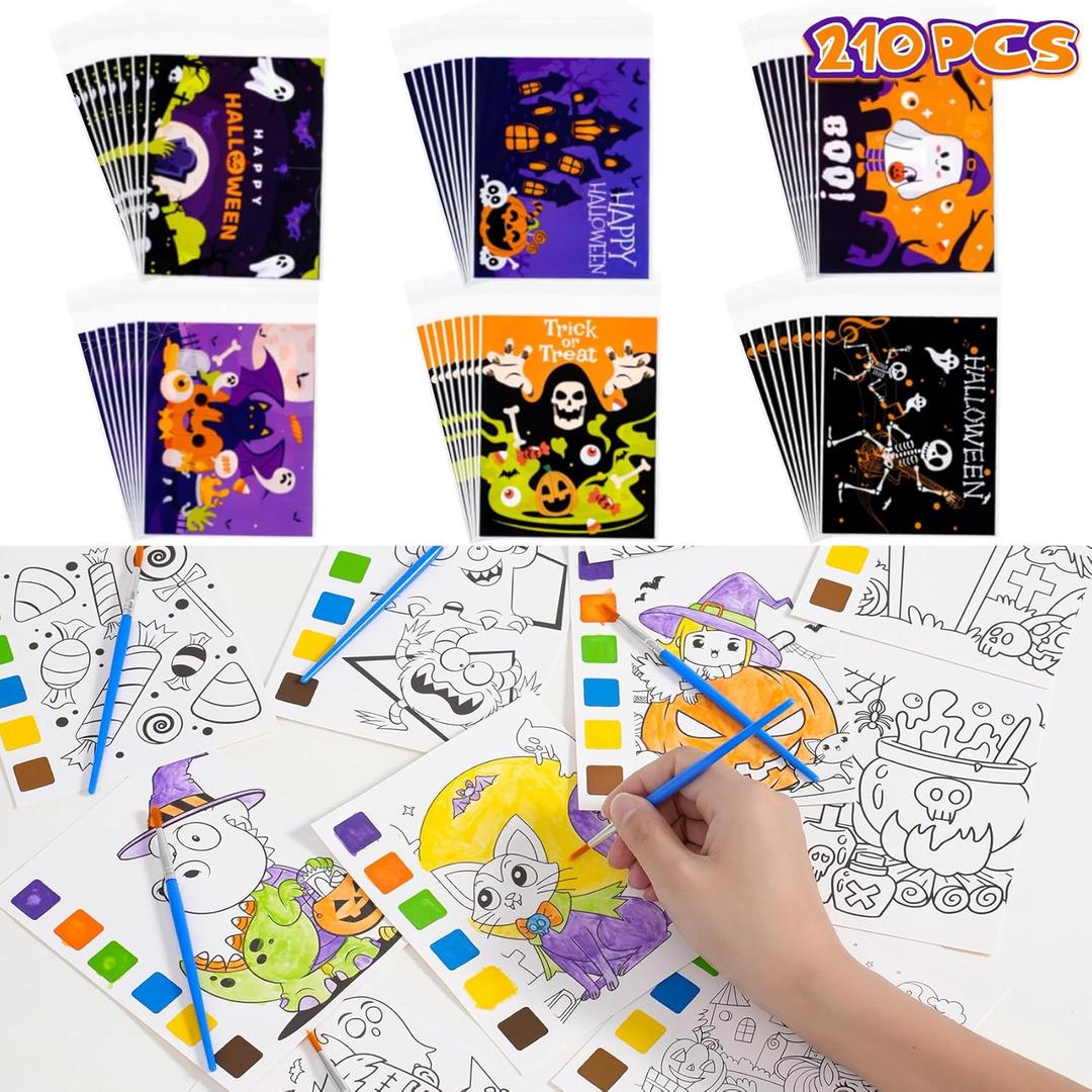 Rotu Halloween Party Favors for Kids - Halloween Water Coloring Books, Goodie Bags, Paintbrushes, Classroom Prizes Trick or Treat Gifts for Kids Goodie Bag Stuffers Fillers, 210Pcs